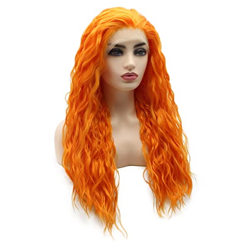 Peakia long curly laranja laranja natural meia mão amarrada em renda sintética peruca