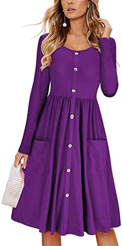 Andongnywell Women Solid Color Crewneck Button Fit and Flare Knee Alward Dress Dress Bolsotes