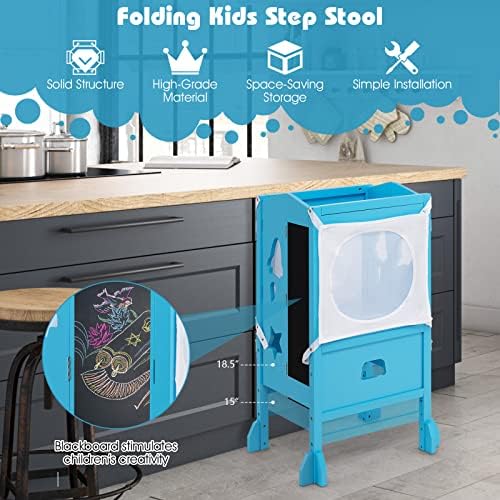 Costzon Kids Kitchen Step Stool com trilho de segurança, dobramento de madeira ajudante com altura ajustável,