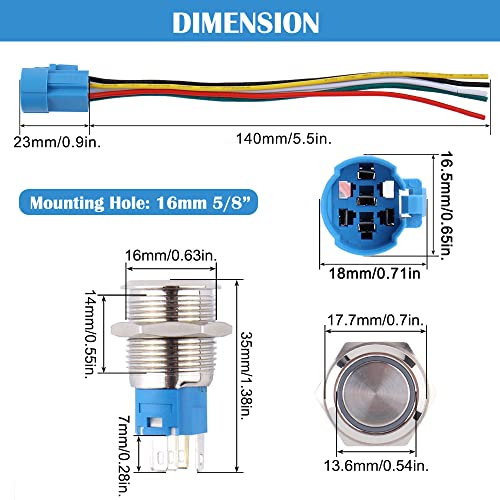 DMWD 2pcs 16mm Metal Metal Impermeável Anti-vandal Chapa de botão de botão prateada com rabo de pigta