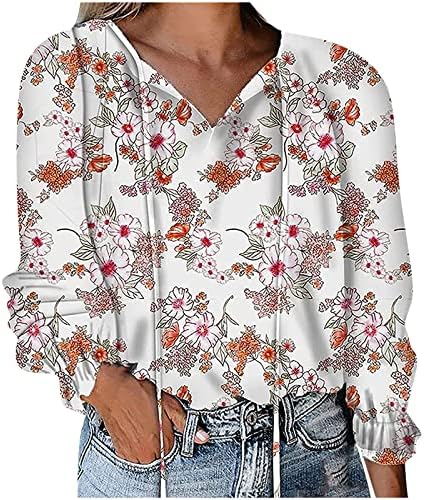 Tops de decote em V de manga Tops soltos blusas casuais longas camisas florais feminina feminina feminina