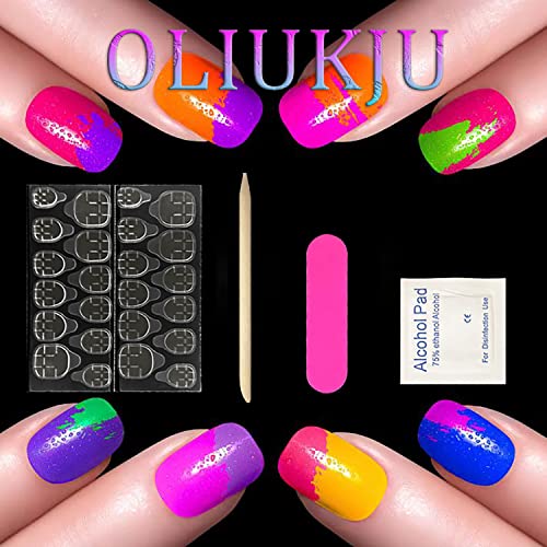 Pressione as unhas quadradas curtas unhas falsas com lantejoulas roxas unhas falsas com cola de unhas